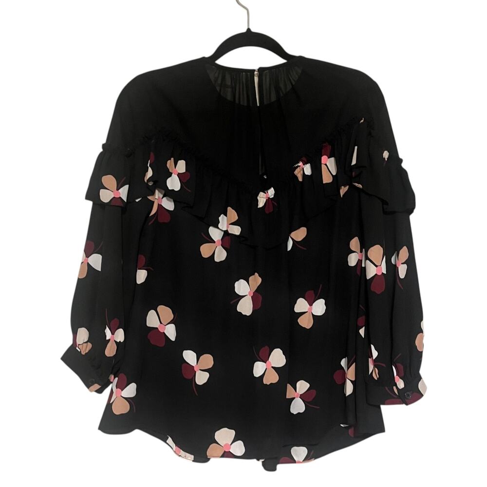 Kate Spade Dusk Buds Ruffle 3/4 Balloon Sleeve Floral Blouse Top Black Size S - Picture 3 of 7